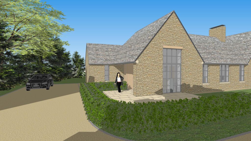 Architectural visualisation, with a scale figure, of a replacement rural dwelling - Ivy Farm, Wiltshire