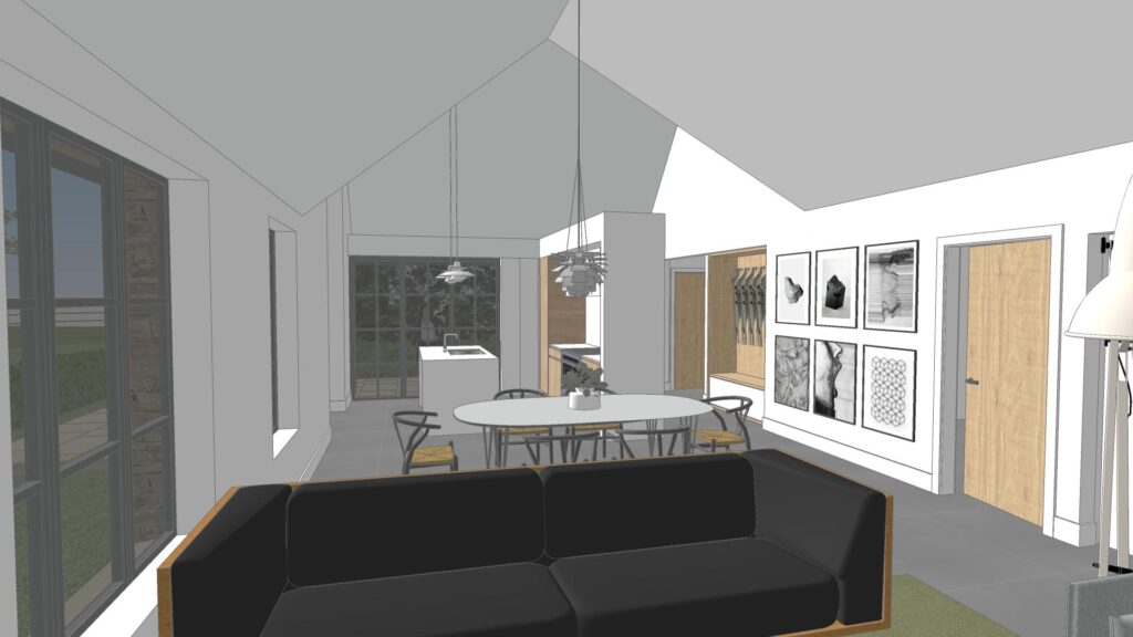 Concept design render of the open living area at Ivy Farm, Wiltshire