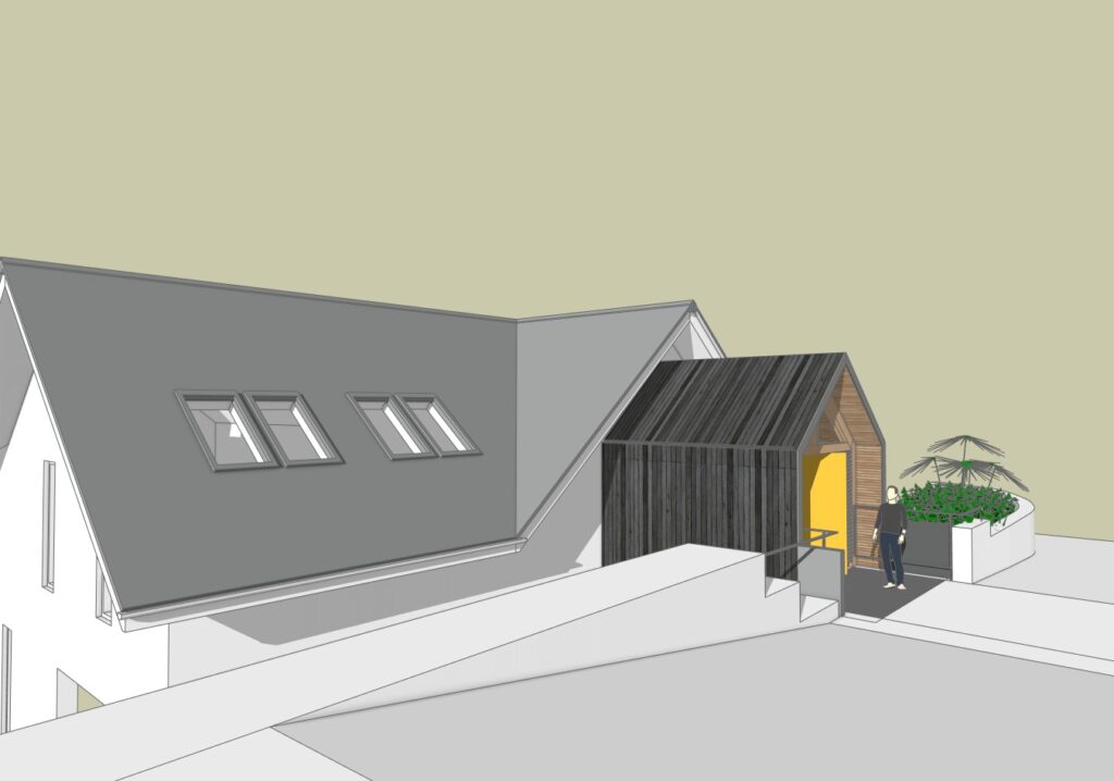 A concept design render of an exterior view with an entrance porch at Saunton, North Devon