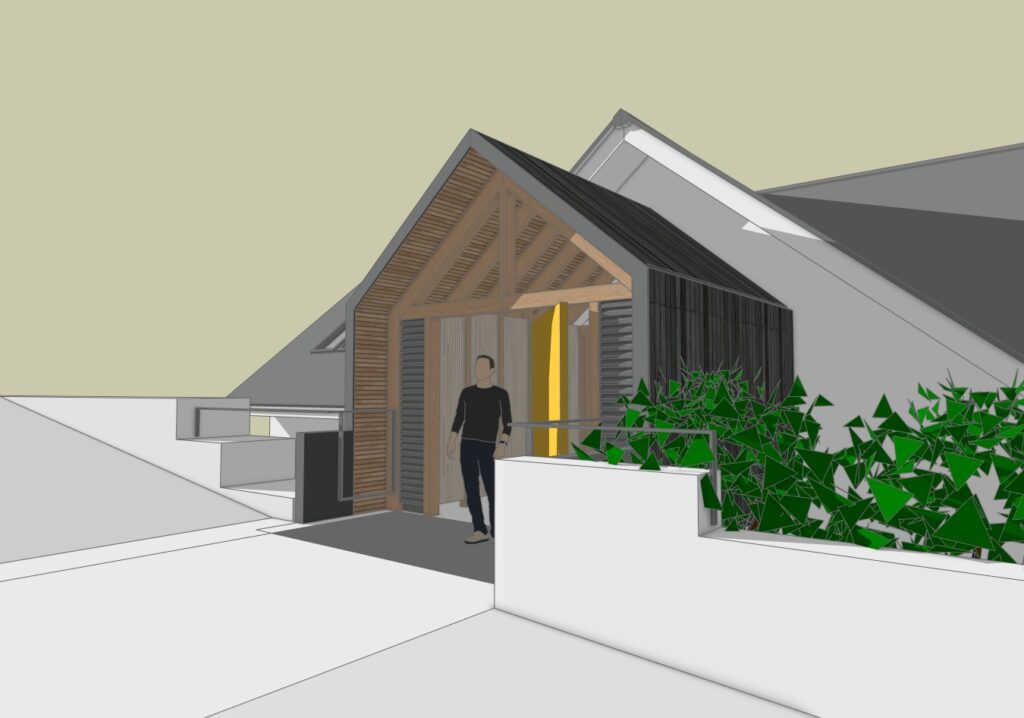 Design visualisation with a scale figure in an entrance porch at Saunton in North Devon