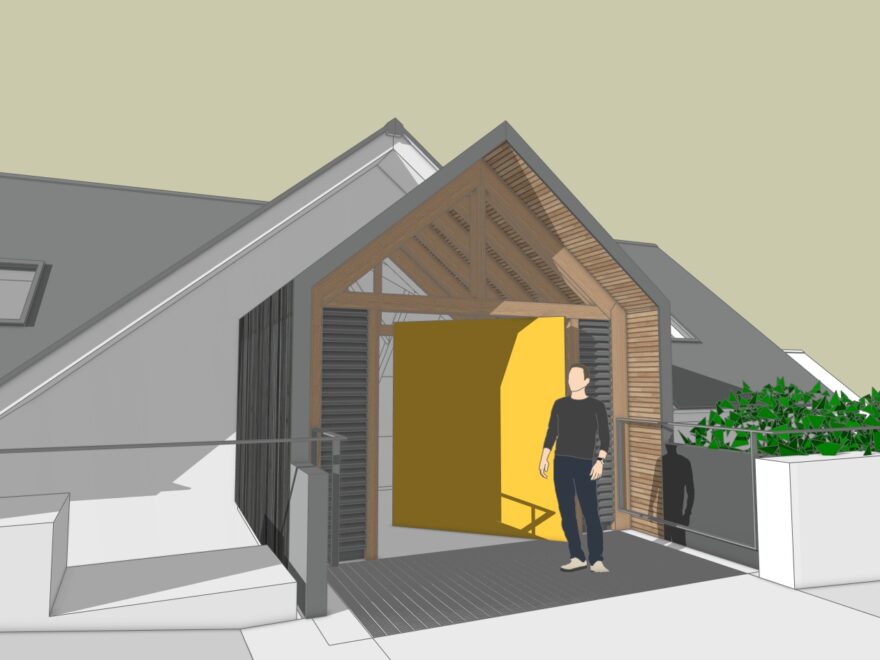 A design development visualisation of an entrance porch at Saunton, North Devon