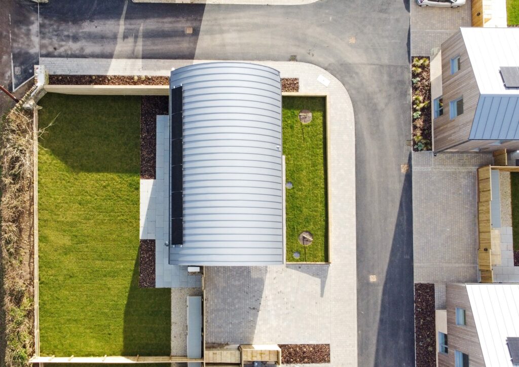 Aerial view of a single home within the Barn Garden Development in Frome