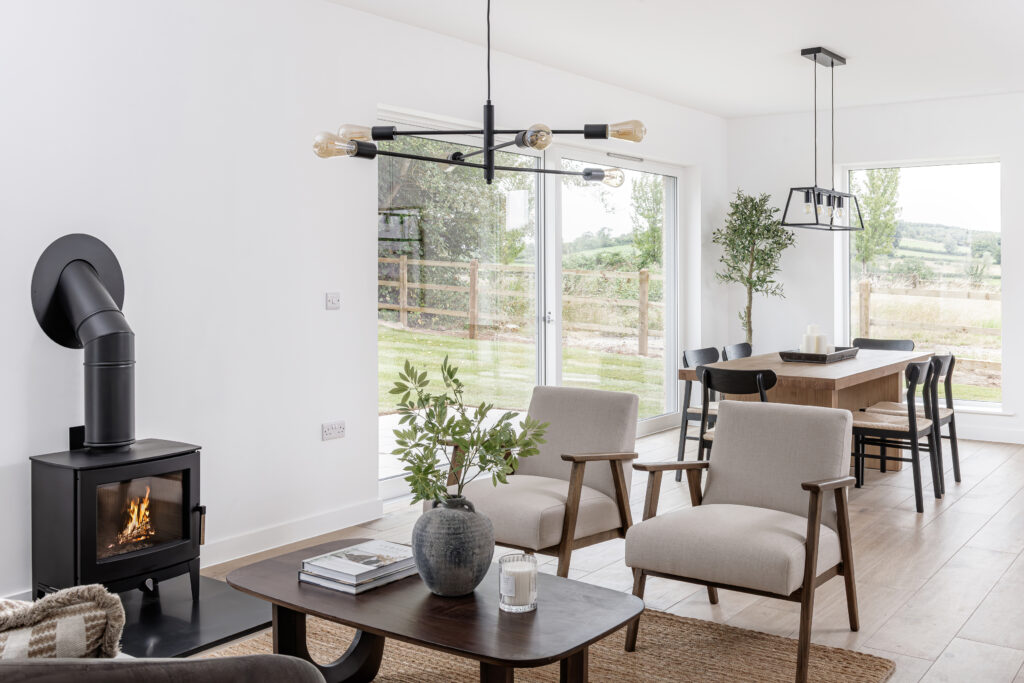 Sitting area interior with chairs and a coffee table