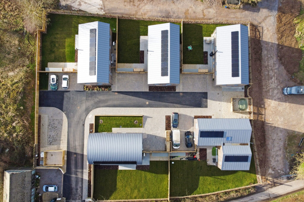 Aerial view of a development of five contemporary new homes in Frome