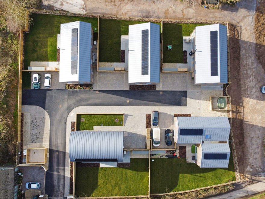 Aerial view of a development of five contemporary new homes in Frome