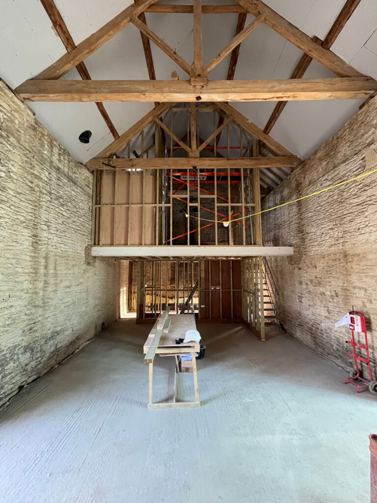 Interior work in progress on a barn conversion at The Farmyard in Grittleton, Wiltshire