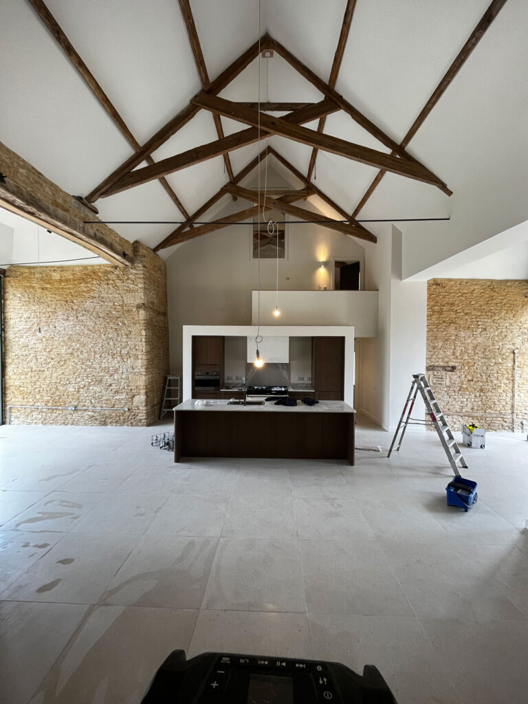 Work in progress on the interior of a barn conversion at The Farmyard in Grittleton, Wiltshire