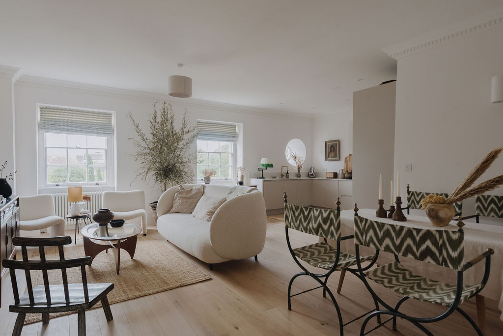 Open plan kitchen and living area at The Priory in Tetbury, Cotswolds