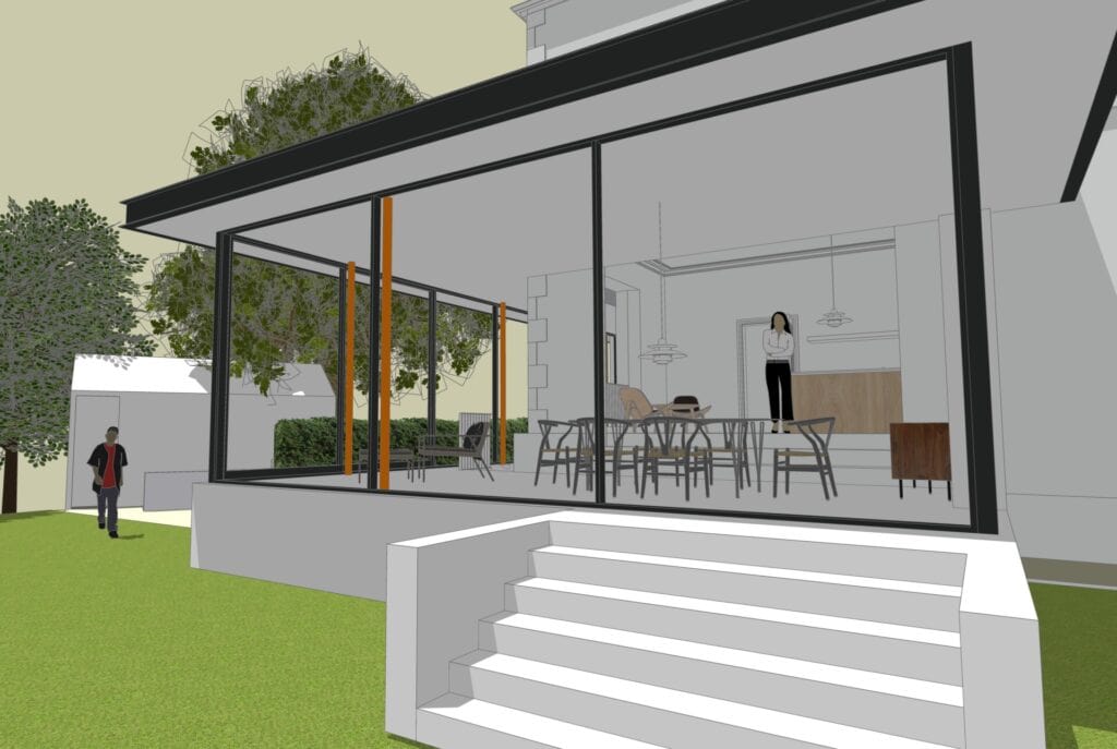 Detail visualisation of the glazed extension at Victoria House. Bath